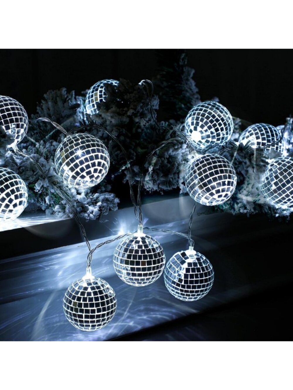 10/20 LED Disco Ball String Lights - 9.84ft Long, Silver & White Party Decor